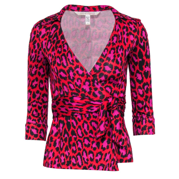 Diane Von Furstenberg Vintage Jill Top Silk Wrap Leopard Print Blouse Size 8 - Picture 14 of 15
